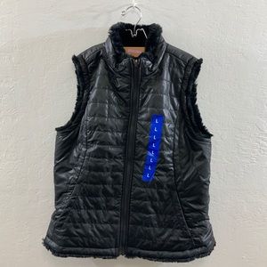 Black Nylon Faux Fur Lined  Zip Front Vest Women L